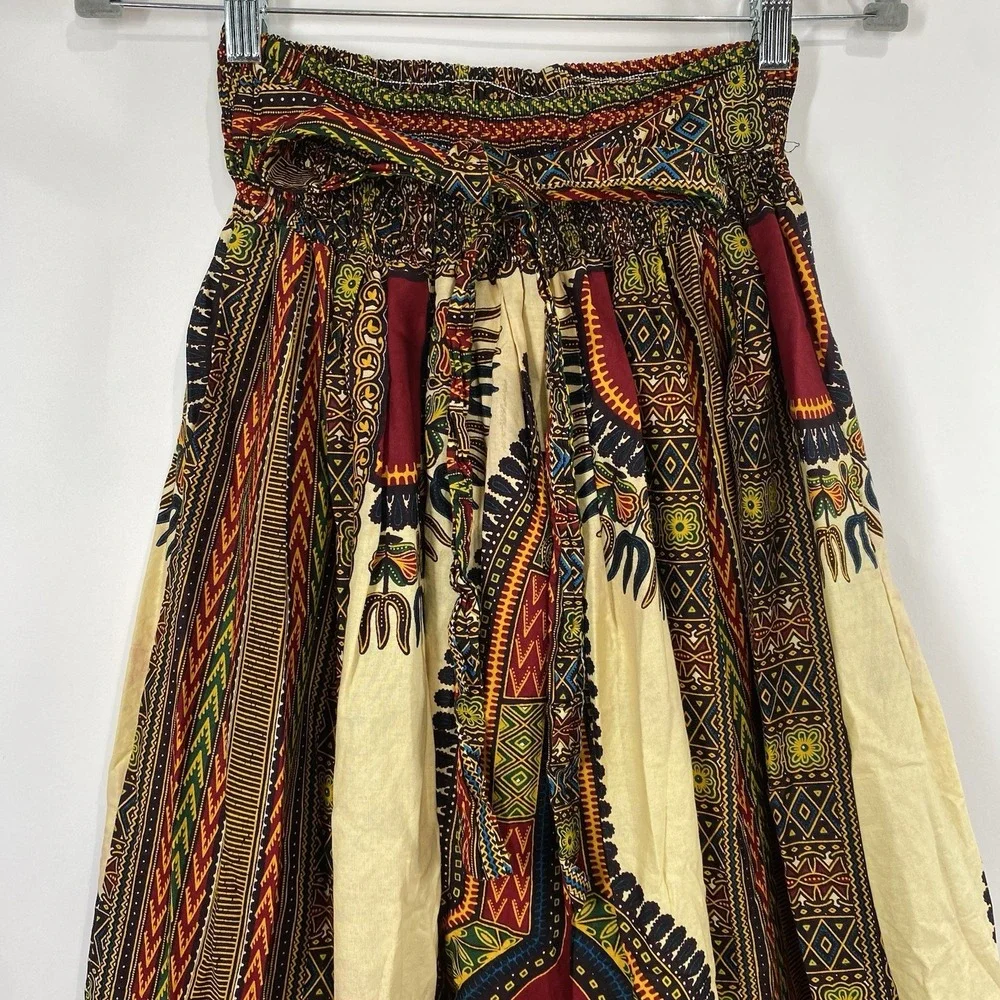 African Print Womens Tie Front Long Maxi Skirt Size S Pockets Festival Colorful